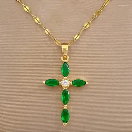Pendentif Colliers Vert Croix Collier Avec Pierre Bijoux De Luxe Cristal Zircon Chrétien Pour Femme Accessoires Cadeau