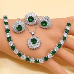 Halskette Ohrringe Set Green Zircon Kostüm Silber 925 Frauen mit Steinen Armbänder Anhänger Ringe Schmuck Geschenkbox