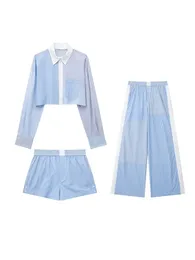 Conjuntos de agasalhos femininos moda patchwork listrado camisas curtas shorts terno feminino cintura elástica calças mulher conjunto de 2 peças roupas femininas 230629