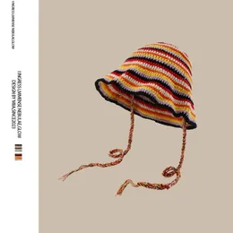 Mori Contrasting Striped Crochet Hand-knitted Hollow Strap Braided Bucket Hat Female Concave Knitted Basin Hat Sun Hat