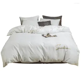Bedding Sets 2023 Four-piece Simple Cotton Double Household Bed Sheet Quilt Cover Embroidered Piping Comfortable White Color