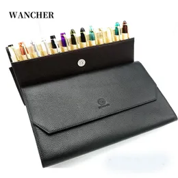 Bags Wancher Pencil Bag Genuine Leather Fountain Pen Case Cowhide HighCapacity 13 Pens Holder Pouch Sleeve Best Seller