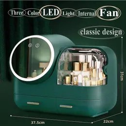 Förvaringslådor Fashion Makeup Organizer Box USB Raddningsbar kosmetisk Box Jewelry Container Dammtät låda Vattentät spegel LED -lampa 230628