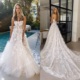 3D Floral Strand Brautkleider Brautkleider Spitze Applizierte Sexy Spaghetti Hals Land Boho Vestidos De Novia für Frauen 2023