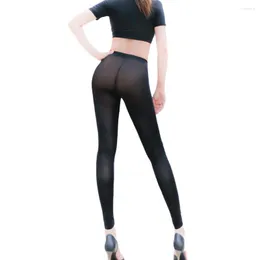 Capris calças femininas óleo de seda gelo brilhante alta elástica ver através de calças justas sexy lápis moldar pacote hip leggings magro rua