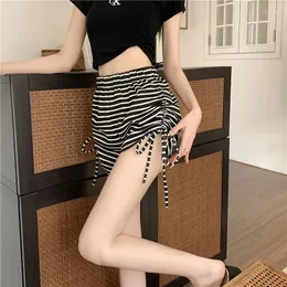 Women's Shorts Badawen - Drawstring Striped Casual Pants Summer 2023 Thin Section High Waist Concealed Wide Leg