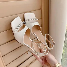 Sandaler Mint Green Real Leather Women Summer Square Open Toe Prom Pumps Chains Decor Beige Thin High Heels Sandalias Femininos