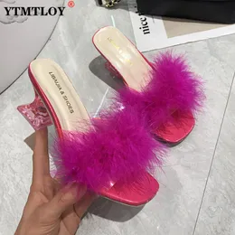 Slippers Women Slippers Summer Fashion Stiletto Sandals Open Toe High Heel Zapatillas Mujer Casa Sapatos Femininos Fur Sandles 230628