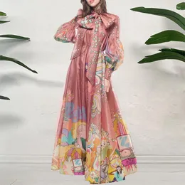 Повседневные платья Весенняя мода с цветочным принтом Boho Maxi Dress Women Elegant Bow Collar Loose Long Autumn Lantern Sleeve Hem Evening