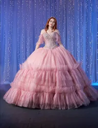 Rose Pink Spittly Princess Quinceanera klänningar från axelkristallen pärlstav korsett ruched puffy prom klänning pornos de 15 anos