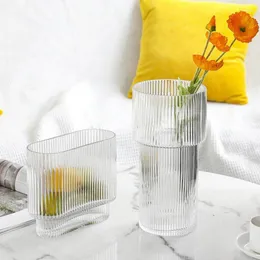 Vasi Vaso Moderno In Vetro Trasparente Decorativo Per Fiori Estetica Multiuso Manto Scanalato Tavolo Da Pranzo