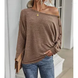 Kvinnors T-skjortor Autumn Winter Button Spliced ​​Solid Color T-shirt 2023 Casual All-Match Batwing Sleeve Loose Tops Female Clothing