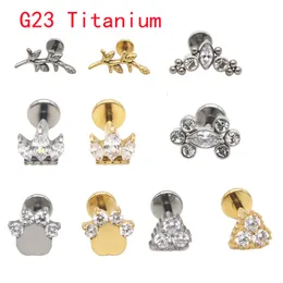 Pierścienie przyciskowe Bell Bell G23 Golden Lip Stud Ear Tragus 16G 8mm Body Rians Rining Jewelry Labret Pierścień Chrząstka cyrkon Heart Crown Leaf ASTM 36 230628