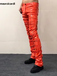 Herrenhose Mauroicardi Frühling Herbst Gelb Blau Glänzend Reflektierende Dehnbare Weiche PVC Kunstleder Gestapelte Hose für Männer Y2K Streetwear 230628