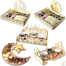 Altre forniture per feste festive Decorazione Ramadan Vassoio da dessert in legno Eid Mubarak Stoviglie per alimenti Espositore da scrivania Lslamic Musl Dhpsm