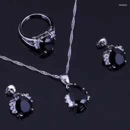 Collana Orecchini Set Lussuoso Nero Cubic Zirconia Bianco CZ 925 Sterling Silver Per Le Donne Anello Della Catena Del Pendente V0325