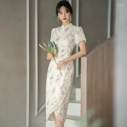 Etniska kläder 2023 Kinesisk stil Kvinnor Summer Cheongsam Mid Long Vintage Floral Dress Slim Girl Splites Qipao S TO XXL