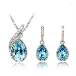 Necklace Earrings Set Lovely Gift Fashion Brand Wedding Austrian Crystal Leaf Tear Drop Feather Pendant Earring Jewelry
