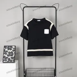 Xinxinbuy Men Designer Tee T Shirt 23SS Paris Ribbon Paneled Letter Embroidery半袖コットン女性Khaki Black White XS-2XL