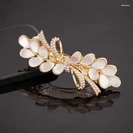 Hair Clips Korean White Crystal Flower Spring Clip Zircon Pearl Bowknot Horizontal Temperament Female Fashion Jewelry