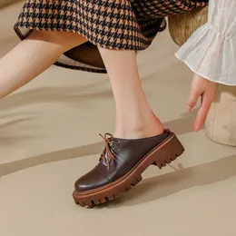 Sapatos sociais primavera feminino mocassim couro rachado para bico redondo salto grosso casual chinelo com cadarço plataforma bomba