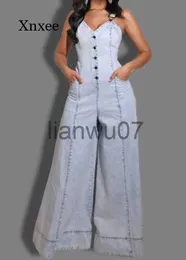 Damen-Overall-Spielanzug, Frühling und Herbst, neue Damen-Denim-Overalls, lockere, schlanke, einreihige Overalls, Damen-Träger, V-Ausschnitt, weite Beinhosen, Denim-Overalls J230629