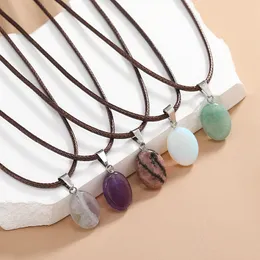 Trendy Ellipse Shape Quartz Opal Natural Stone Pendant Necklace For Women Men Brown Leather Rope Chain Bohemia Jewelry Gift