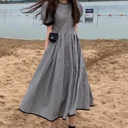 Party Kleider 2023 Vintage Sommer Mode Plaid Einteilige Koreanische Stil Oansatz Puff Hülse Hohe Taille Große Schaukel Midi Kleid vestidos