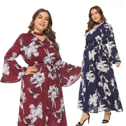 Casual Dresses Plus Size Floral Print Knot Front Ruffle Hem Summer Dress Women Vacation Boho Puff Sleeve Split A-line Maxi Long
