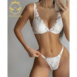 Bras sätter Acelandy-Fancy Sexig underkläder spets broderi intim svamp Push Up Bh Set Women 2 Piece Seamless White Outfit