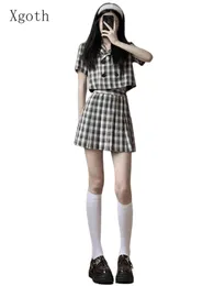 Two Piece Dress Xgoth Preppy Vintage Plaid Suit Women Summer Short-sleeve Blazer Shirt Top Pleated Skirt Two-piece Set Female Girly Wear 230628