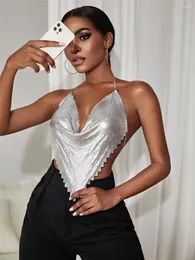 Kobiety dla kobiet Kobiety aluminiowe platforma camis crop tops seksowne plecy nocne klub taneczny metalowy okładka piersi bikini top body łańcuch nadwozia