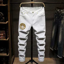 Men's Jeans designer Spring and autumn fashion brand pure white high quality jeans men's slim fit leisure feet Korean version simple elastic pants RM3S