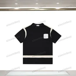 xinxinbuy Men designer Tee t shirt 23ss Paris Ribbon Paneled Letter bordado manga curta algodão feminino caqui preto branco verde XS-L