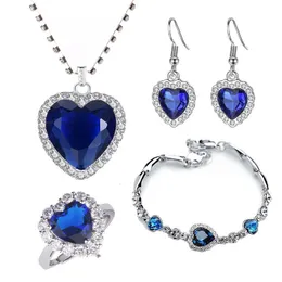 Wedding Jewelry Sets 4Pcsset Titanic Heart of Ocean Necklaces for Women Love Blue Crystal Zircon Female Party 230627