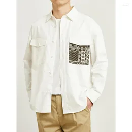 Camisas casuais masculinas masculinas lisas de puro algodão blusa de manga comprida com remendo bolso de malha Harajuku roupas masculinas vintage luxuosas de grife