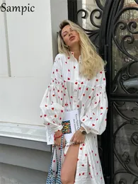 Grundläggande avslappnade klänningar Sampic Jacquard Heart Print Långärmklänning Kvinnor Fashion Loose Vestidos Vintage Kvinnlig ALINE SOMMER HEALSE 230629