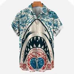 メンズドレスシャツ3Dアニマルプリント服ファッションボタン半袖ラペルストリートウェアシャツ男性ハワイアンサメブラウスTシャツ230628