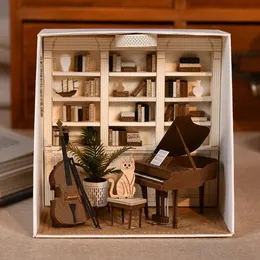 Decorative Objects Figurines DIY 3D Assemble Handmade Dollhouse Wooden House Miniature Furniture Kit Building Kits with LED for Home Decoration Kid Gift 230629