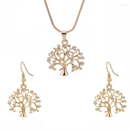 Necklace Earrings Set Small Tree Of Life Pendant & For Women Crystal Gold Silver Color Choker Jewelry Gifts