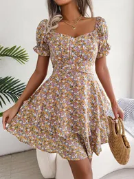 Vestidos Casuais Mulheres Vintage A Line Verão Elegante Floral Festa Swing Dress Manga Curta Decote Quadrado Elegante Mujer Lujo Roupas