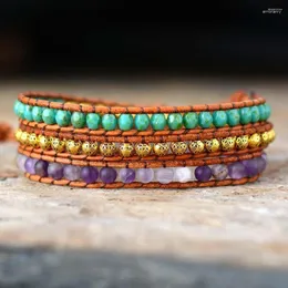 Bransoletki skórzane Brand Bohemian z ametystami vintage tybetańskie koraliki Triple Branslet Femme Boho Hippie Biżuteria Hurtowa