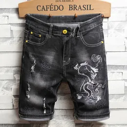 Mens Jeans Black Straight Leg Denim Shorts Punk Style Fashion Dragon Embroidery Hole Pant Street Hip Hop Clothing 230629