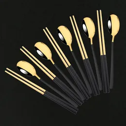 Dinnerware Sets 5Set Black Gold Portable Travel Cutlery Set Chopsticks Spoon 304 Stainless Steel Korean Dinnerware Set Luxury Tableware Set 230628