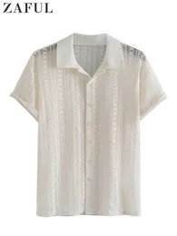 Män klänningskjortor Bomulls ren Openwork för män Sexiga spetsar Korta ärmar Transparent skjorta Summer Solid Streetwear Tops Z5083175 230629