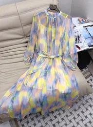 Casual Dresses 2023 Women Fashion Long Sleeve Crew Neck Belt Gradual Change Color Silk Dress 0529