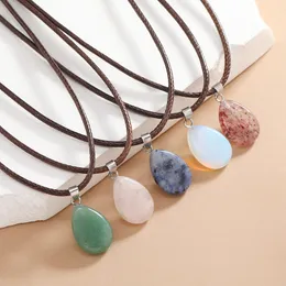 Brunt läder rep halsband ellipsform kvarts opal kristall natursten geometri hänge halsband mode smycken för kvinnor