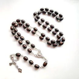 Pendant Necklaces CottvoVintage Oval Dark Brown Beads Chain Pray Chaplet Virgin Mary Medal Catholic Crucifix Cross Rosary Necklace Jewelry