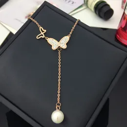 Luxury Design White Zircon Butterfly Necklace with Pearl Tassel