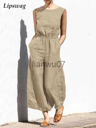 Women's Jumpsuits Rompers Casual ONeck Cotton Linen Jumpsuit Overalls 2022 Summer Sexy Sleeveless Solid Romper Office Lady Wide Leg Loose Pant Playsuit J230629